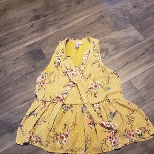 Alya Yellow Mustard/ Floral  Sleeveless Flowing Tie Front Women's Blouse Sz S